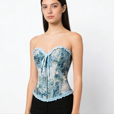 Floral Blue Strapless Bustier Top