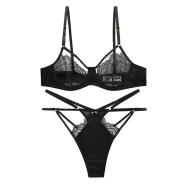 Black Lace Strappy Bra Set