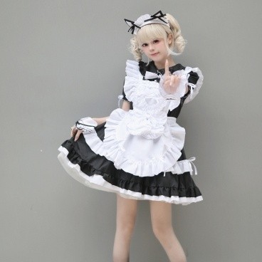 Black and White Anime Maid Cosplay Dress Costume Set
