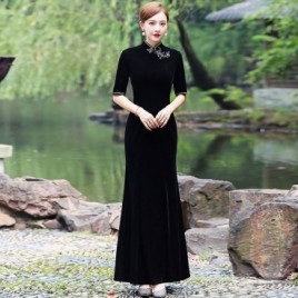 Embroidered Cheongsam Dress with Gold Trim Sleeves