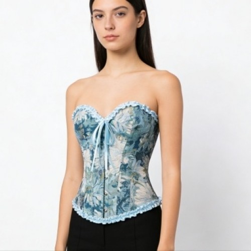 Floral Blue Strapless Bustier Top