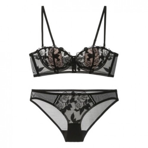 Black Floral Lace Bra and Panty Set