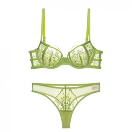 Green Embroidered Bra Set