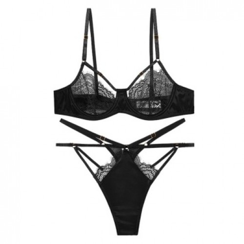 Black Lace Strappy Bra Set