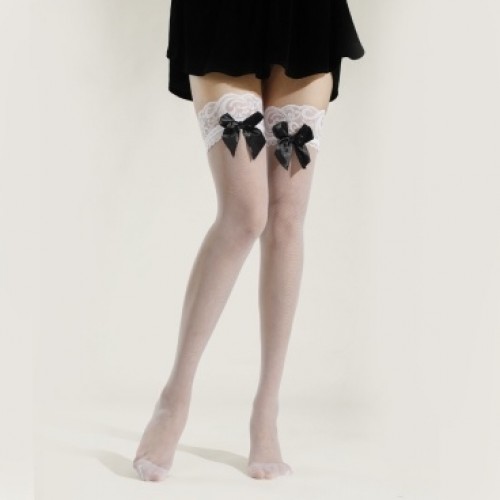 White Lace Stockings with Black Bows