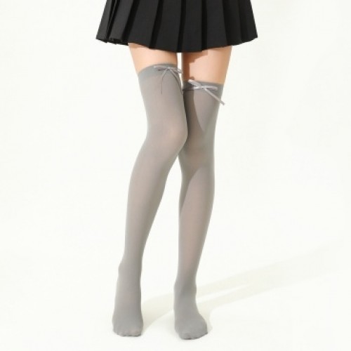 Grey Ribbon Bow Thigh High Stockings