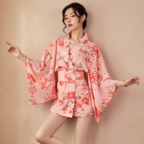 Pink Satin Floral Kimono Robe