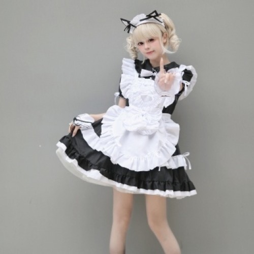 Black and White Anime Maid Cosplay Dress Costume Set