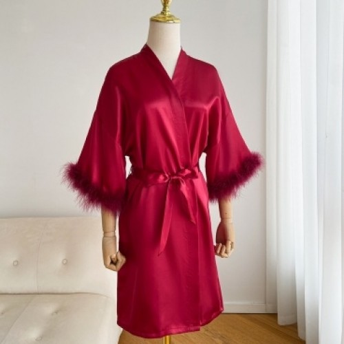 Feather Trim Kimono Sleepwear Set